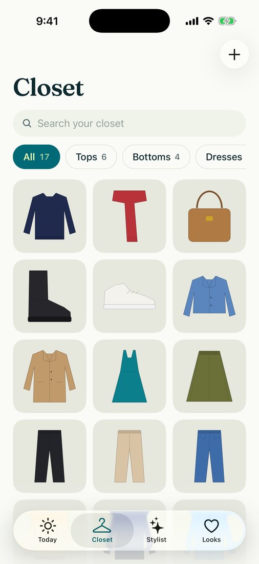 The Closet tab: a search box, category filters with counts, and a grid of clothing pieces with their backgrounds removed.
