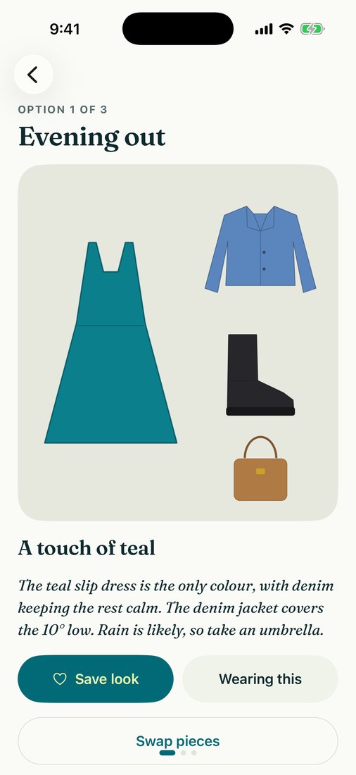 A stylist session for an evening out: option 1 of 3, a teal slip dress with a denim jacket, ankle boots and a tan tote, titled A touch of teal.